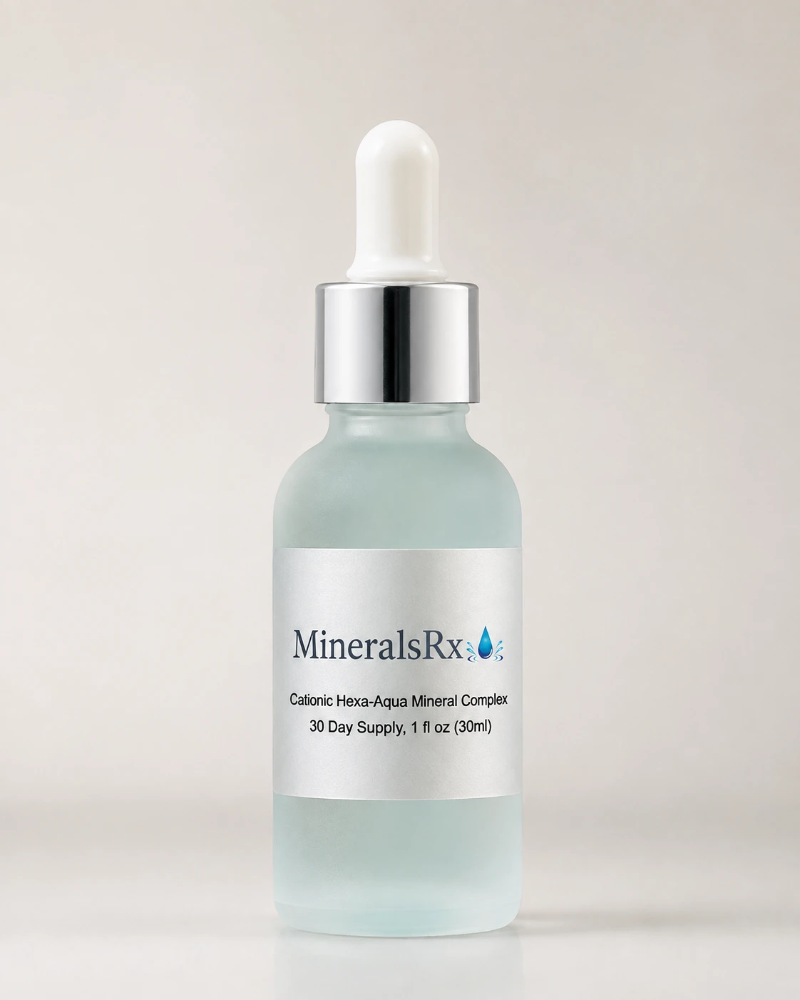 MineralsRx Oral Drops in a frosted aqua glass bottle with a silver and white dropper, photographed on a warm neutral background